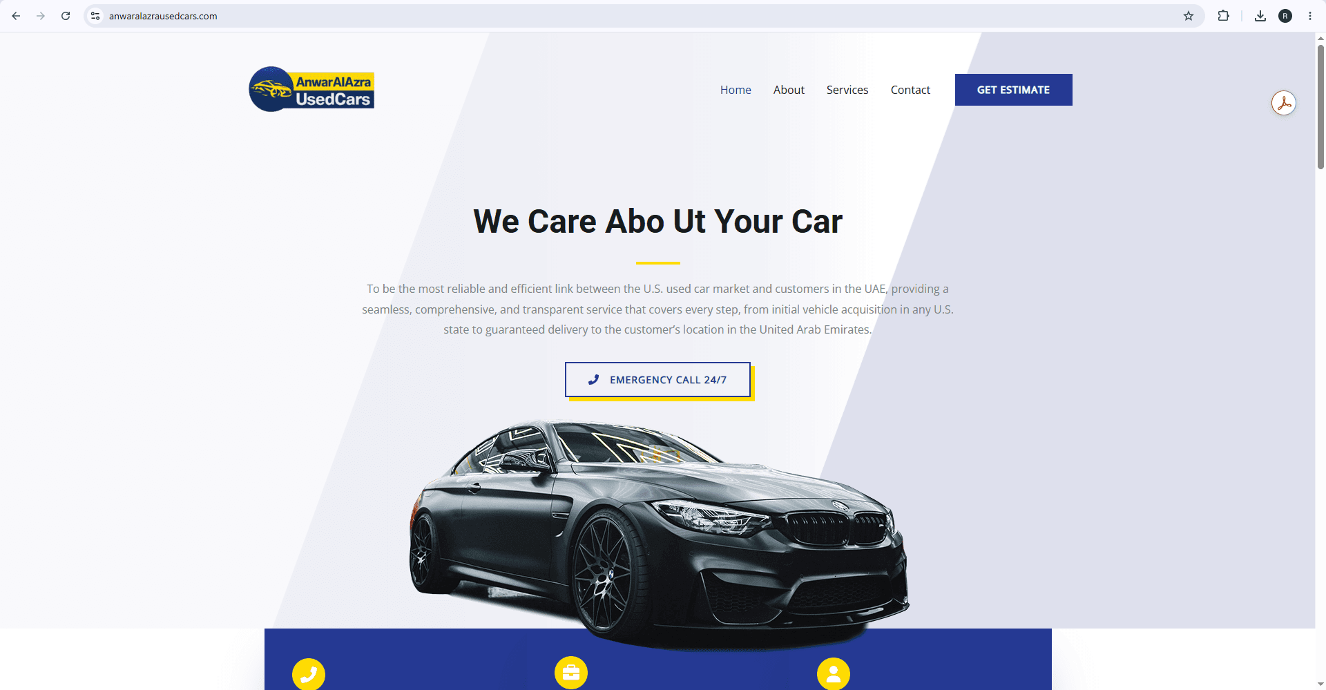 الصفحة الرئيسية لموقع Anwar Al Azra Used Cars مع سيارة وخدمات الشحن