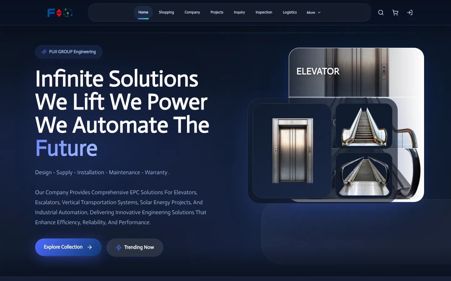 الصفحة الرئيسية لموقع FUJI Group لحلول المصاعد والأتمتة