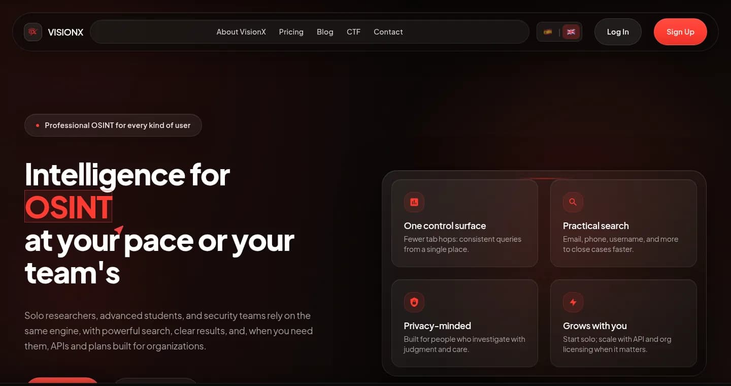 الصفحة الرئيسية لمنصة VisionX لأدوات الاستخبارات مفتوحة المصدر